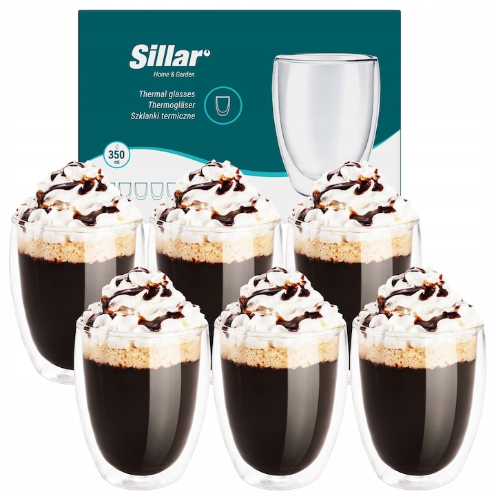 Set 6 pahare termice de cafea pentru latte cappuccino cu fund dublu 350 ml Sillar