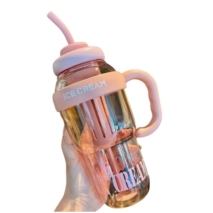 Бутилка за вода, Flippy, Термична, Съхраняваща 6 часа, 1400 ml, със сламка и капак, PP и силикон, с бяла дръжка, 25,5x7,5 см, светло розов