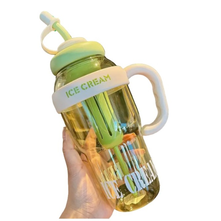 Бутилка за вода, Flippy, Термична, Издържа 6 часа, 1400 ml, със сламка и капак, PP и силикон, с бяла дръжка, 25,5x7,5 cm, зелена