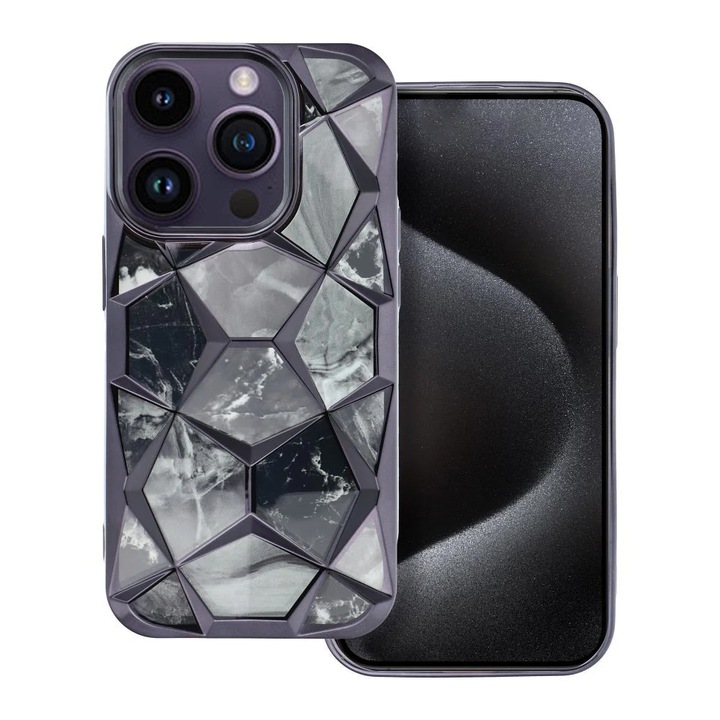 Husa pentru Apple iPhone 14 Pro, 3D Prism, Design 2 in 1, Protectie camere, Margini electroplacate, Aderenta, Durabila, Antisoc, Rezistenta la impact, Anti-ingalbenire, Culoare Negru