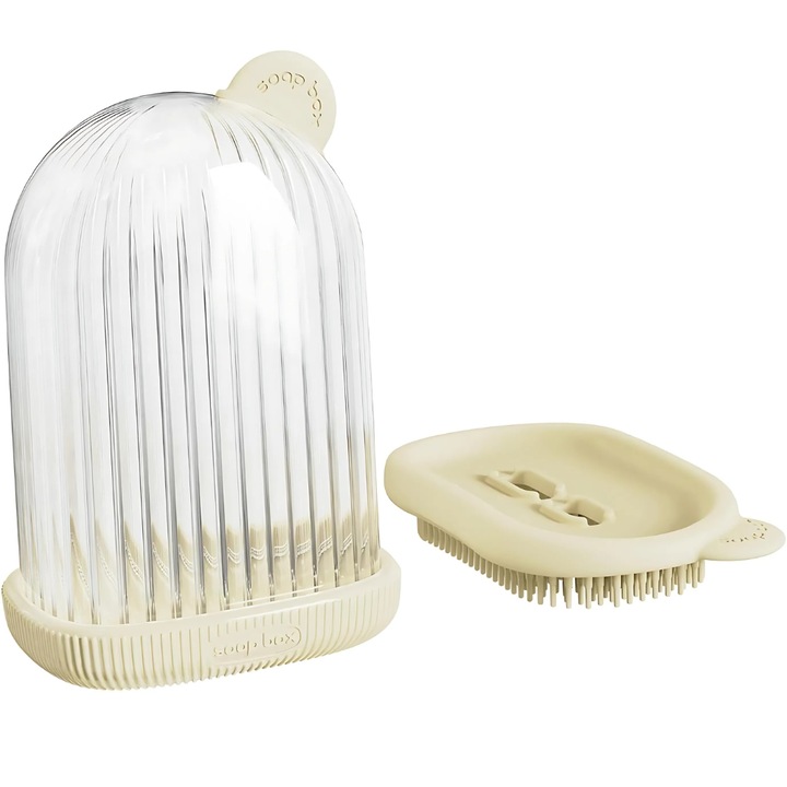 Sapuniera crem cu suport scurgere apa, capac depozitare, materiale de calitate superioara, design elegant, functional, 12.6x6.1x8.4cm, utila in calatorii sau drumetii, compacta si practica