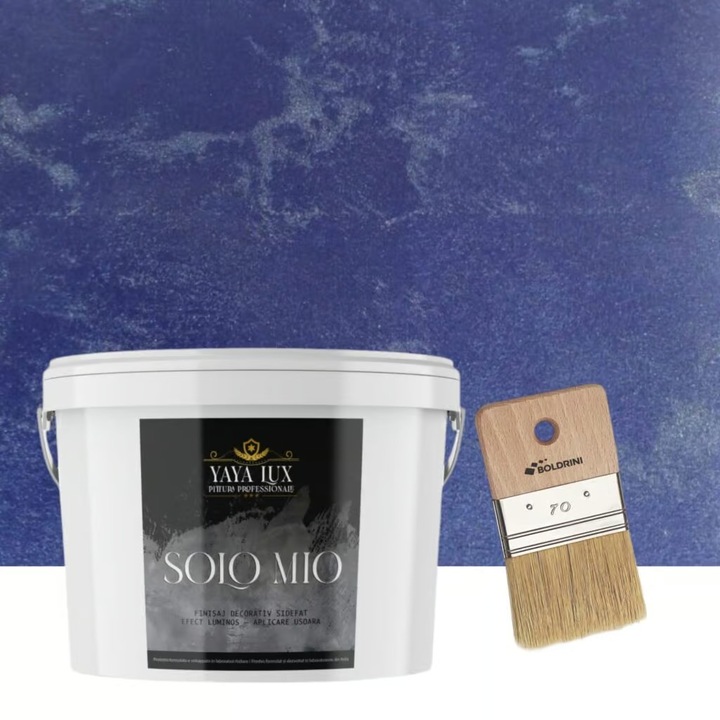 Vopsea Decorativa de Lux, Solo Mio, Albastru Cobalt, cu Cristale Lichide Stralucitoare, Efecte Spectaculoase, 2, 5 L si Pensula 70 mm