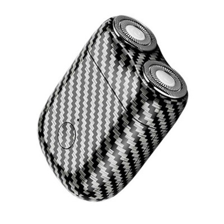 Мини електрическа самобръсначка, OEM, от ABS с карбонови влакна, преносима, подвижна въртяща се глава с 2 стоманени остриета, водоустойчива, зареждане Type-C, автономност 45 мин, бял/черен