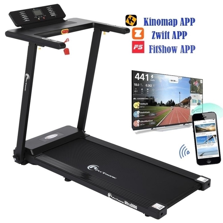 Banda de alergare electrica FitTronic® Ultra 2000, motor 2.0 CP, App Fitshow, Kinomap, Zwift, viteza pana la 12km/h, suprafata alergare 110x42 cm, conexiune bluetooth, 12 programe de antrenament