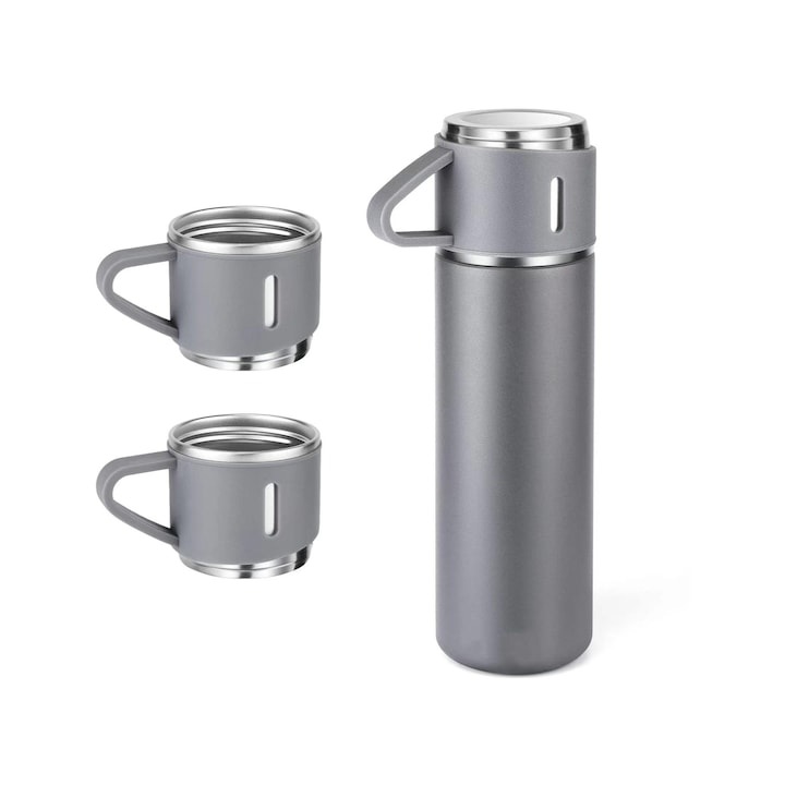 Set termos Cu 3 Cesti, EMATTERIO ®, Otel Inoxidabil, Inchidere Ermetica, Pentru Bauturi Calde sau Reci, Durabilitate 12h, 500 ml, Gri