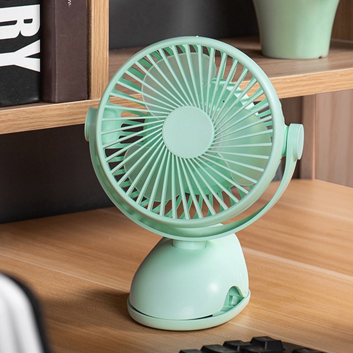 USB ventilátor mini csíptetős szellőzőnyílással, nagy teljesítményű, 3 pengés, újratölthető, 4 sebességes asztali hűtőventilátor, zöld