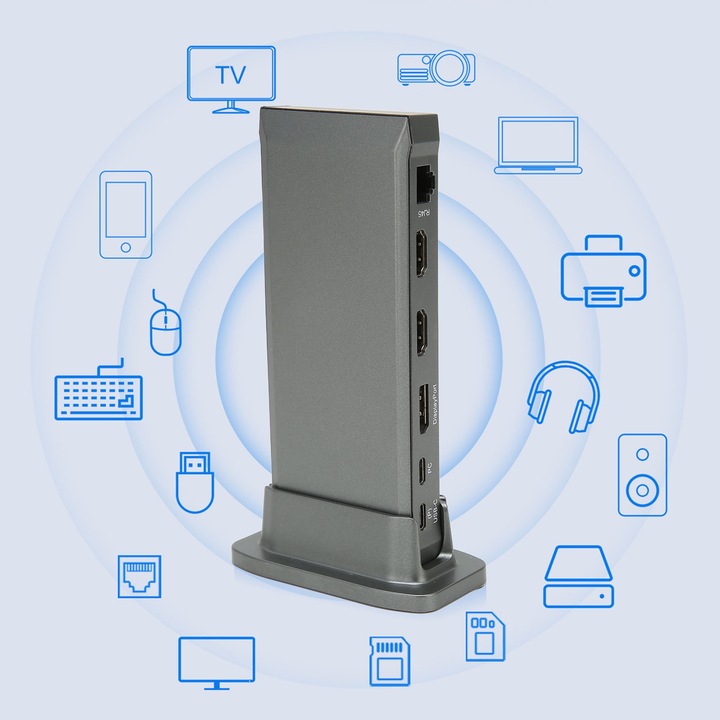 13 az 1-ben USB C dokkolóállomás három monitor kiterjesztésével 100 W-os USB hub adapterrel tápellátással Windows és OS X operációs rendszerekhez, függőleges