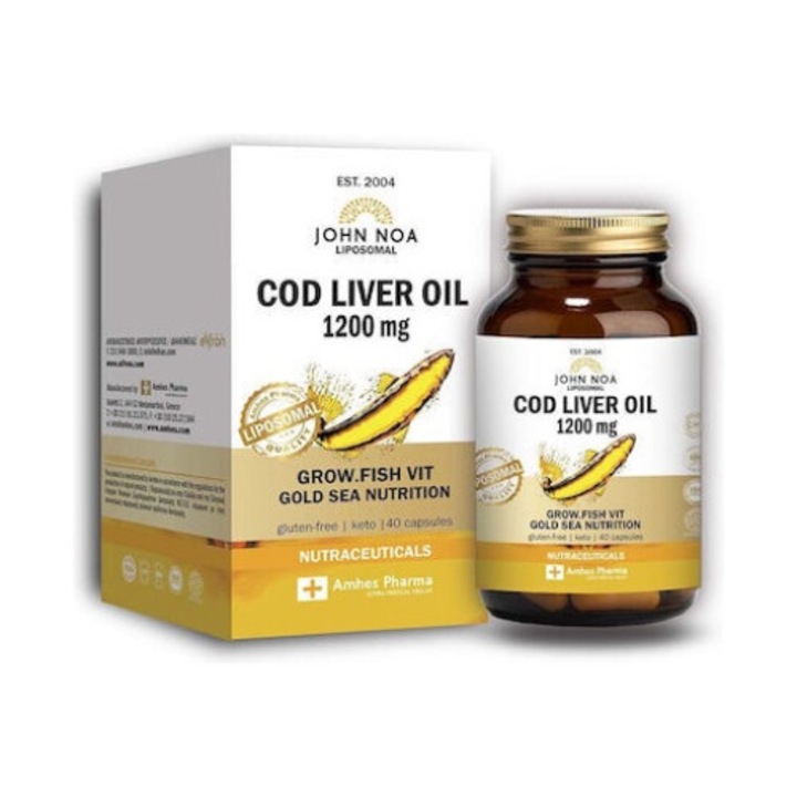 Ulei de ficat de cod liposomal 1200mg, JOHN NOA, Omega 3, Vitamina D3, 40 capsule