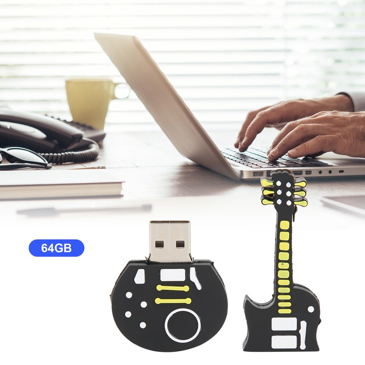 Jormftte 64 GB-os USB memória, gitár alakú, műanyag, adattároláshoz és -átvitelhez