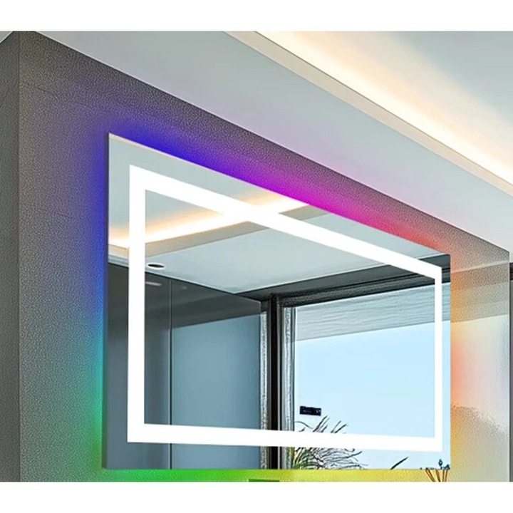 LED fürdőszobai tükör, RGB, páramentesítő funkció, 120x60cm, ezüst