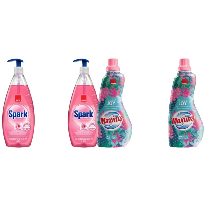 Set Sano Variety 4 x Componente, 2 x Detergent Vase 1L Spark Migdale, 2 x Balsam Rufe Ultra Concentrat 1L Moments Of Joy 40 Spalari, ingrijire delicata a tesaturilor, protectie impotriva uzurii, protectie impotriva calcarului, alergeni redusi