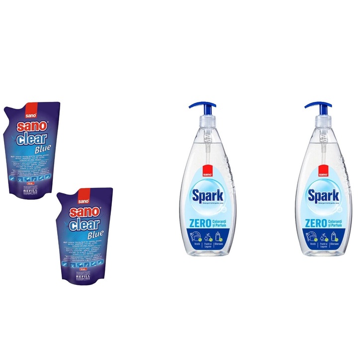 Set Sano Variety 4 x Componente, 2 x Solutie Geam Rezerva 750ml Blue, 2 x Detergent Vase 1L Spark Zero, rapid si eficient, usor de aplicat, testat dermatologic, prospetime de lunga durata, elimina mirosuri neplacute
