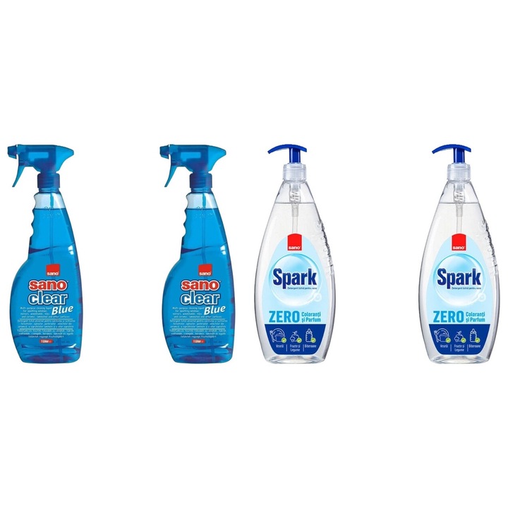 Set Sano Variety 4 x Componente, 2 x Solutie Geam 1L Blue, 2 x Detergent Vase 1L Spark Zero, rapid si eficient, usor de aplicat, testat dermatologic, prospetime de lunga durata, elimina mirosuri neplacute