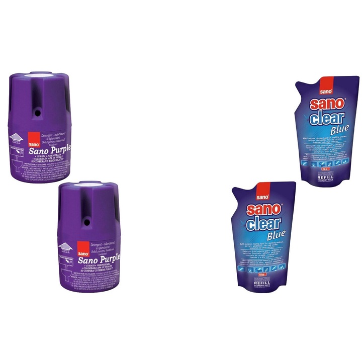 Set Sano Variety 4 x Componente, 2 x Odorizant Wc Bazin 150G Purple, 2 x Solutie Geam Rezerva 750ml Blue, rapid si eficient, usor de aplicat, testat dermatologic, prospetime de lunga durata, elimina mirosuri neplacute