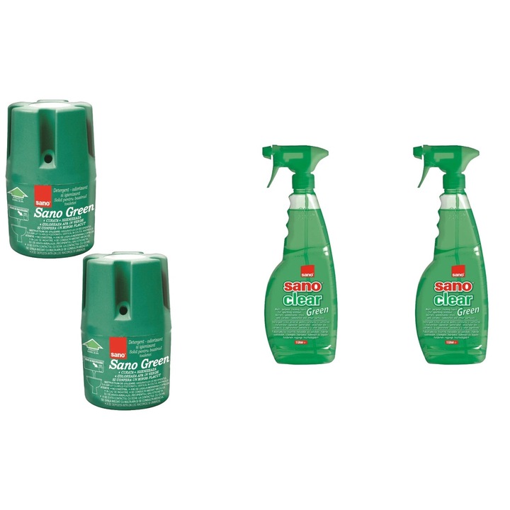 Set Sano Variety 4 x Componente, 2 x Odorizant Wc Bazin 150G Green, 2 x Solutie Geam 1L Green, rapid si eficient, usor de aplicat, testat dermatologic, prospetime de lunga durata, elimina mirosuri neplacute