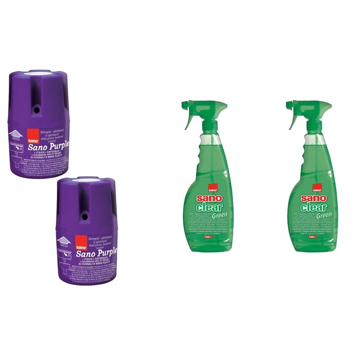 Set Sano Variety 4 x Componente, 2 x Odorizant Wc Bazin 150G Purple, 2 x Solutie Geam 1L Green, rapid si eficient, usor de aplicat, testat dermatologic, prospetime de lunga durata, elimina mirosuri neplacute