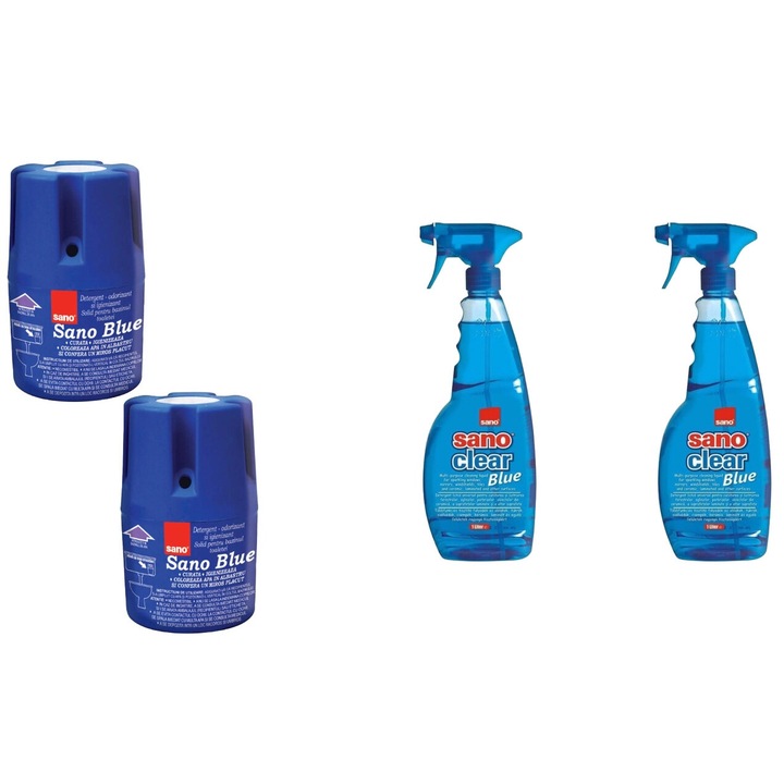 Set Sano Variety 4 x Componente, 2 x Odorizant Wc Bazin 150G Blue, 2 x Solutie Geam 1L Blue, rapid si eficient, usor de aplicat, testat dermatologic, prospetime de lunga durata, elimina mirosuri neplacute