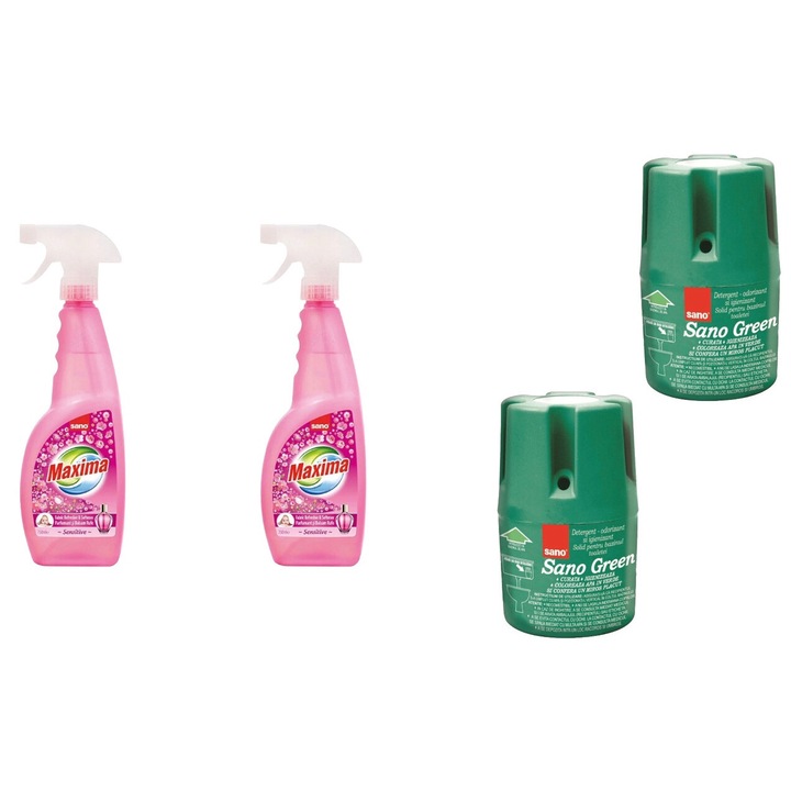 Set Sano Variety 4 x Componente, 2 x Balsam Rufe 750ml Pistol Sensitive, 2 x Odorizant Wc Bazin 150G Green, rapid si eficient, usor de aplicat, testat dermatologic, prospetime de lunga durata, elimina mirosuri neplacute