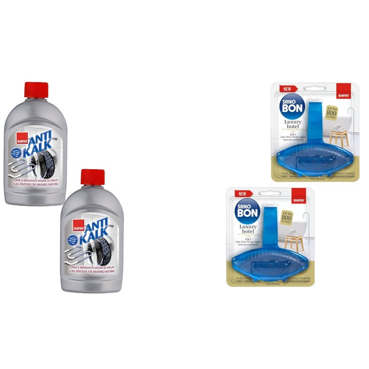 Set Sano Variety 4 x Componente, 2 x Anticalcar Masina Spalat 500ml Gel, 2 x Odorizant Wc 55G Luxury Hotel, rapid si eficient, usor de aplicat, testat dermatologic, prospetime de lunga durata, elimina mirosuri neplacute