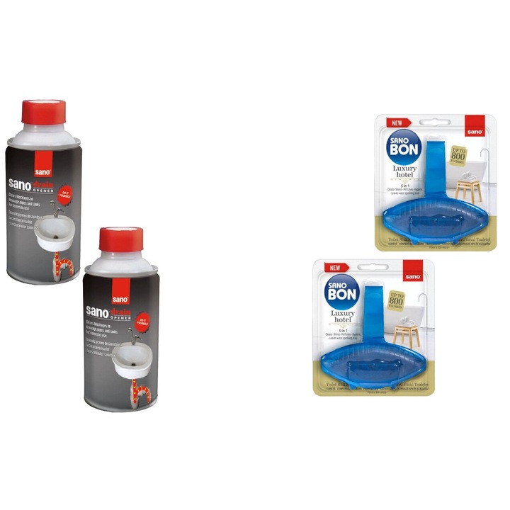 Set Sano Variety 4 x Componente, 2 x Granule Desfundat Tevi 200G, 2 x Odorizant Wc 55G Luxury Hotel, rapid si eficient, usor de aplicat, testat dermatologic, prospetime de lunga durata, elimina mirosuri neplacute