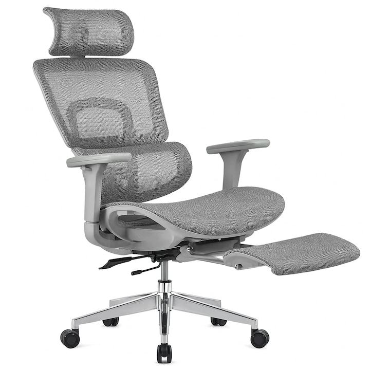 Ергономичен стол Timebox, Регулиране на височината на облегалката в 6 позиции на 150°, 4D подлакътници, Мрежеста мрежа, Гъвкав лумбален профил, Подпора за крака, Издръжлива алуминиева основа, до 150 кг, Сив