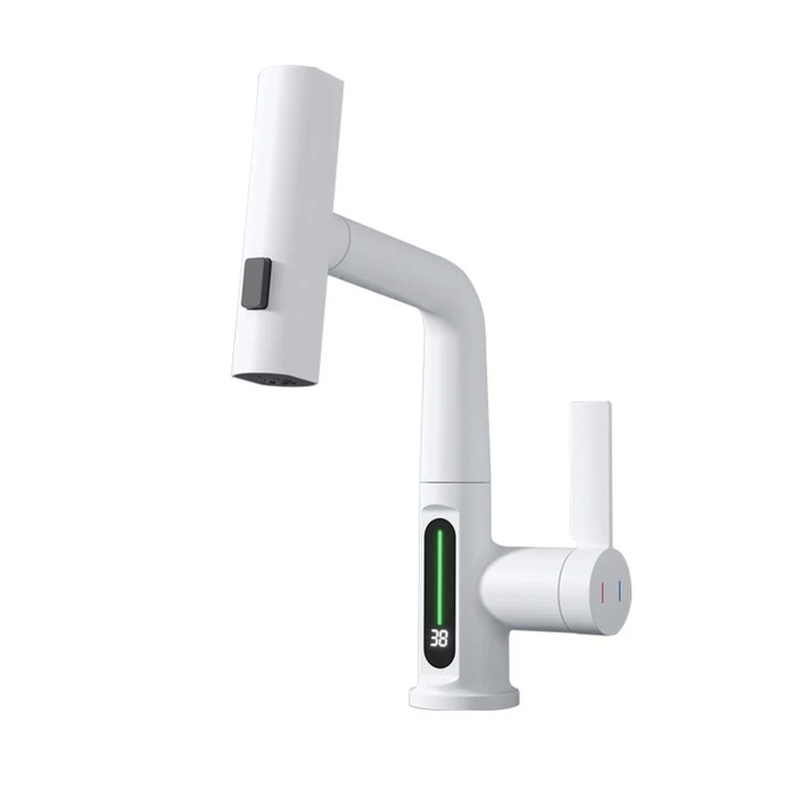 Смесител за мивка с дигитален екран, Няколко функции, Удължение тип душ, Повдигане, Керамика, Черен/Бял