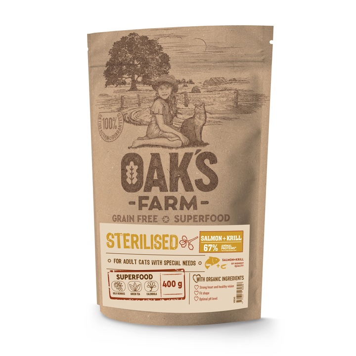 Hrana uscata pentru pisici, Fara cereale, Oaks Farm GF Sterilizat Cat Somon Krill, 400g