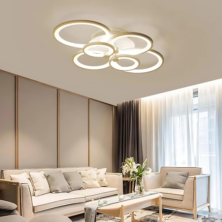 Полилей LED Rings Design JIJU, дистанционно управление, димиране, 3 функции, топла, студена и неутрална светлина, матово бял модел, мощност 160W, 80x58x13 см, метал и акрил