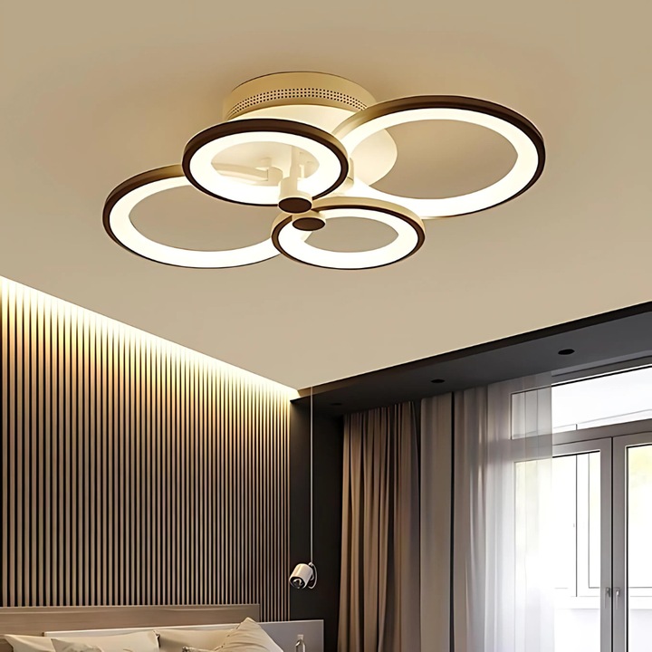 JIJU полилей, Rings 4 LED Модерен дизайн, 58x40x10 см, 4 кръгли елемента, Димируема светлина с 3 вида светлина, мощност 112W, 10000 lm, матово бяло