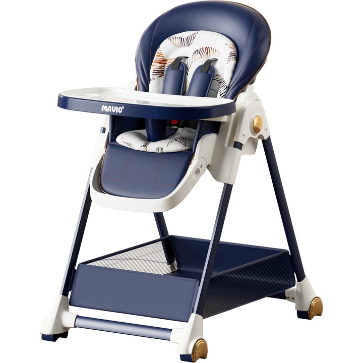 Scaun de Masa 3 in 1 Mavio® Ascend, Inaltime Ajustabila, Varsta 6-36 luni, Roti Detasabile, Husa Lavabila, Pliabil, Picioare Antiderapante, Greutate Maxima 30kg, Inclinare, Ergonomic, Centura Siguranta 5 Puncte, Tavita Detasabila, Loc Depozitare, Albastru