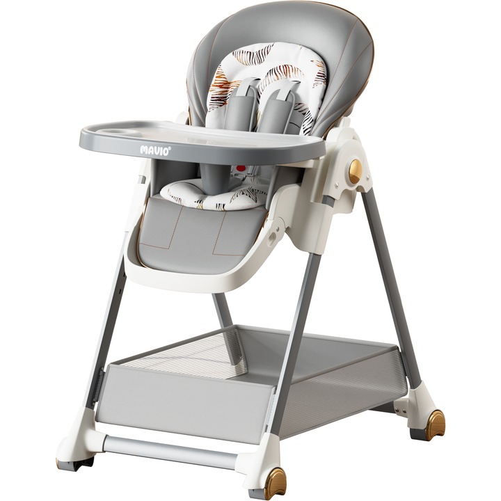 Scaun de Masa 3 in 1 Mavio® Ascend, Inaltime Ajustabila, Varsta 6-36 luni, Roti detasabile, Husa Lavabila, Pliabil, Picioare Antiderapante, Greutate Maxima 30kg, Inclinare, Ergonomic, Centura Siguranta in 5 Puncte, Tavita Detasabila, Loc Depozitare, Gri