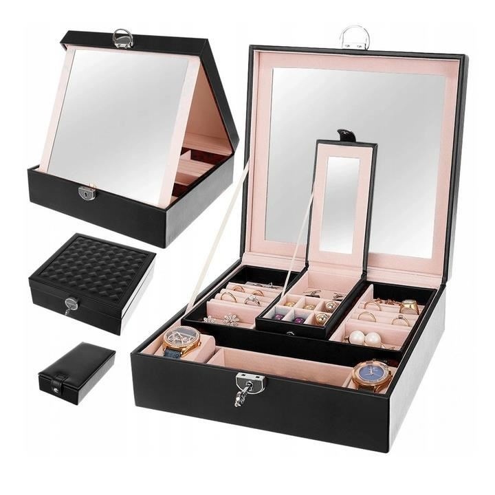 Cutie de bijuterii VarioShop® ideala pentru organizarea cerceilor, ceasurilor si colierelor, dotata cu oglinda, compartimente detasabile, inchidere cu cheie, dimensiuni 25x25x30cm, negru