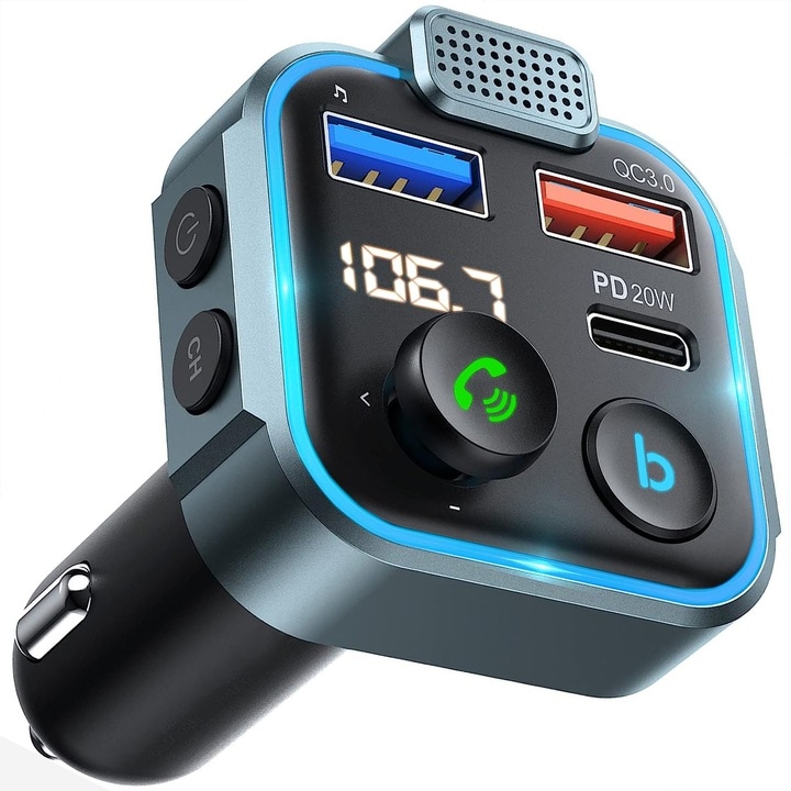 Modulator FM Gem PRO, Bluetooth 5.0, Transmitator FM cu functie de incarcator auto, Incarcare rapida, Port USB Type-C, Negru