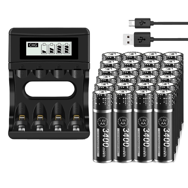 Set 24 Baterii AA Reincarcabile, 3400mWh, cu Incarcator