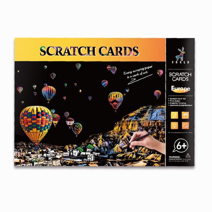 Set Carte de Arta Scratch A4, 4 Foi cu Vederi Nocturne Europene, Fara Vopsea, Activitate Creativa Multicolor pentru Copii si Pasionati de Arta