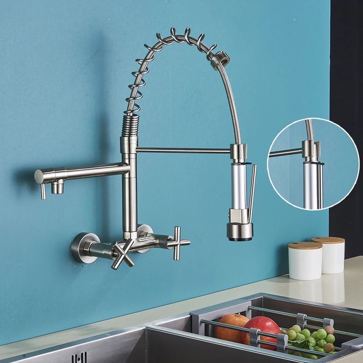 Konyhai csaptelep, dupla fogantyú, 360 fokban forgatható kifolyó, szálcsiszolt csat