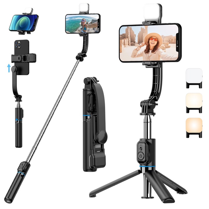 Разтегателен статив за селфи стик за телефон с държач за телефон и отделящо се дистанционно управление, ротация на 360°, за мобилен телефон, съвместим с iPhone, Android, Samsung