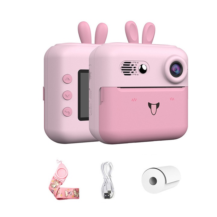 Aparat foto pentru copii cu imprimare cu lentile duale mini camera portabila de jucarie instant, Fudisenn, cu urechi de iepuras roz, potrivita pentru copii de 5-14 ani, dimensiunea produsului 11*9.9*4.5cm