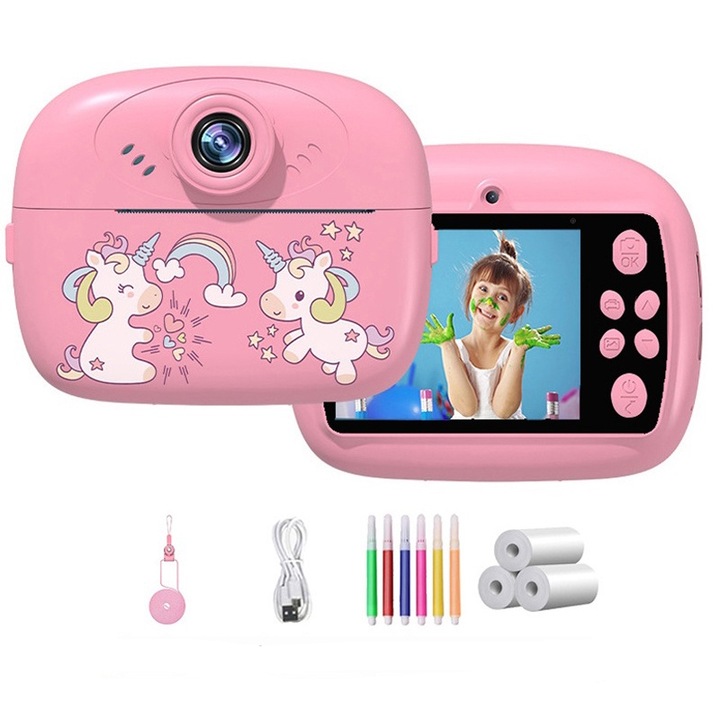 Преносим детски фотоапарат SLR с двойни лещи, мини камера за моментален печат, преносима играчка, Fudisenn, розов, подходящ за деца на възраст 5-14 години, размер на продукта 11*9.9*4.5 см