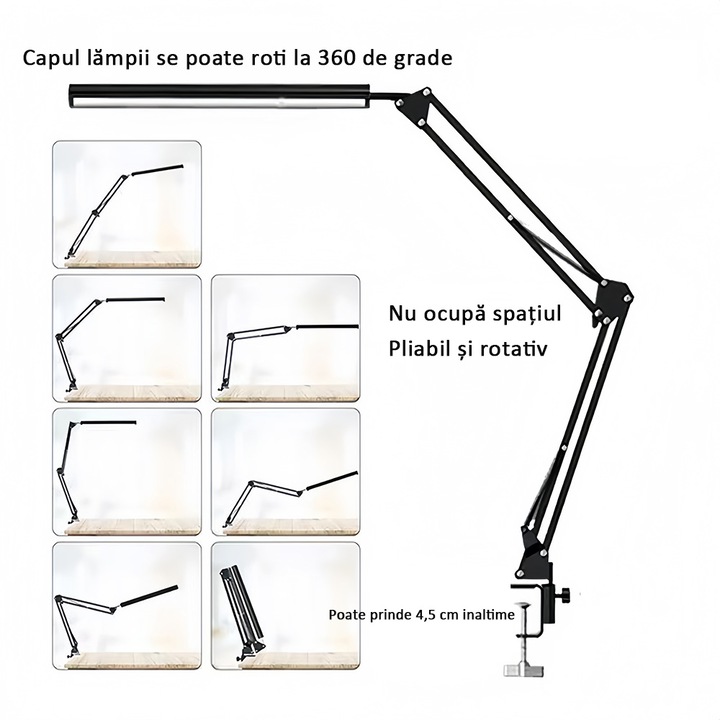 Lampa de birou LED cu brat flexibil si clip, 3 moduri de iluminare, 14W, 38cm, neagra