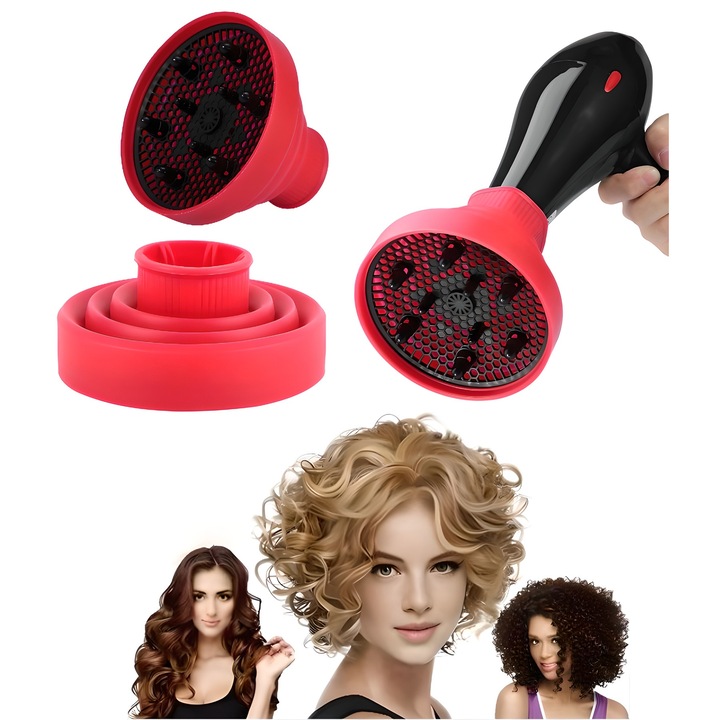 Difuzor pliabil telescopic pentru uscator de par, silicon, rosu, 4.2-4.5 cm