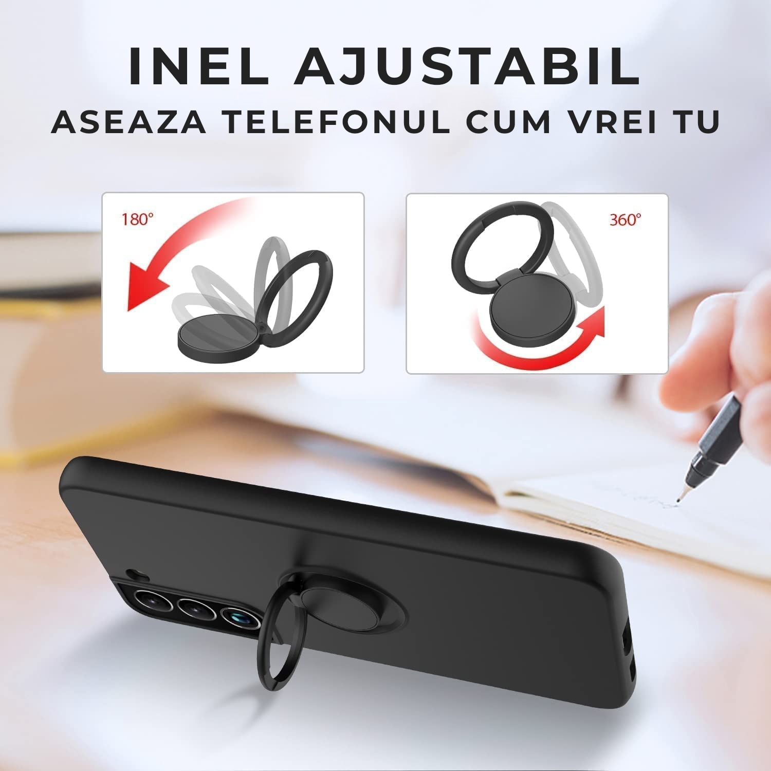 Husa pentru Samsung Galaxy A16 5G DaDen cu inel rotativ 360, Silicon Premium, Camera Protection, Antisoc, Negru