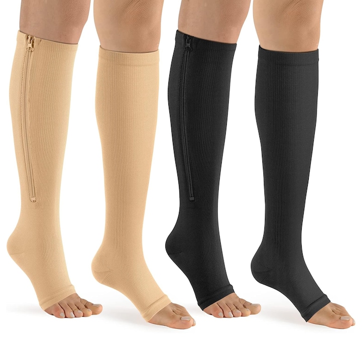 Set 2 Ciorapi compresivi medicinali,15-30 mmHg,2 perechi,3/4, cu fermoar, fara varf, unisex, prevenirea, tratarea insuficientei venoase, sindromul picioarelor grele si obosite, in timpul sarcinii, YQLAFT, maro, Negru