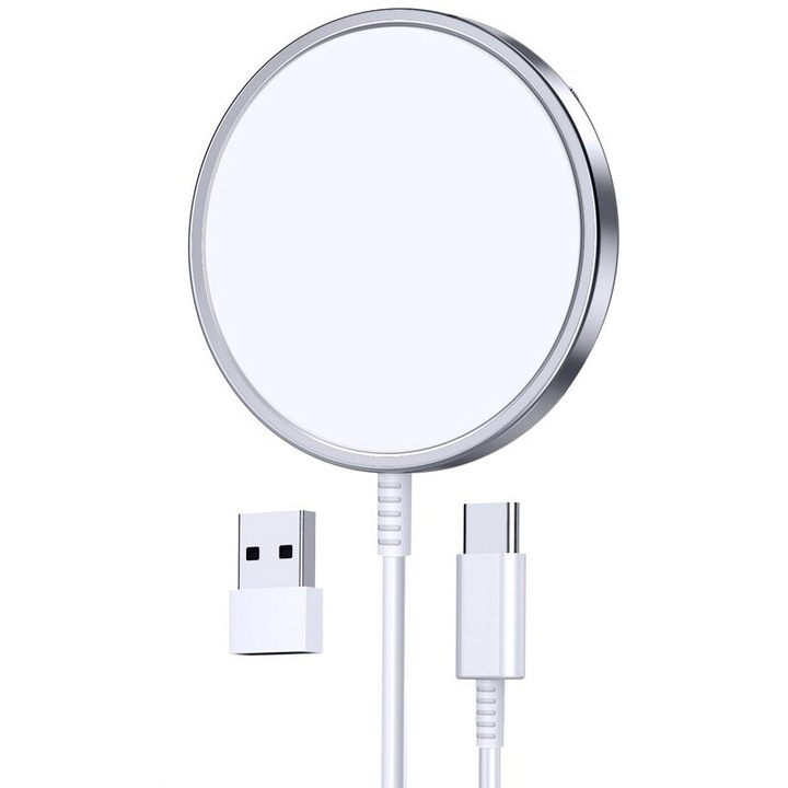 Incarcator wireless, 15W fast charger, fir pentru iPhone 16 Pro Max/16 Pro/16 Plus/16/15/15 Pro/15 Plus/15 Pro Max, iPhone 16/15/14/13/12 Series si AirPods 3/2/Pro 2/Pro, Alb/argintiu