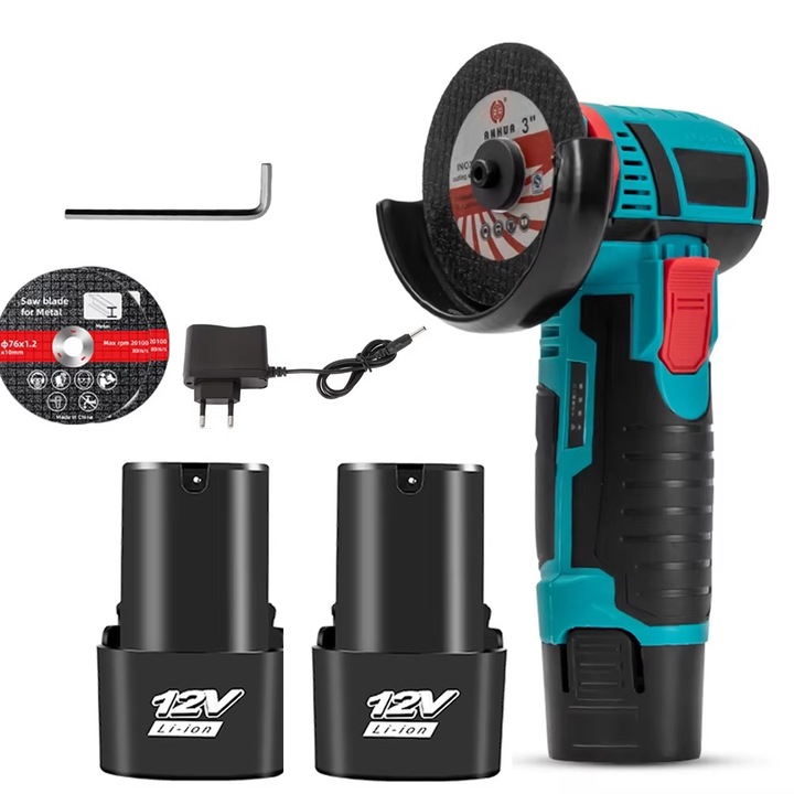 Mini polizor flex unghiular electric, portabil, 2 acumulatori 12V, 750W, 1300 mAh, 19500 rpm, 2 discuri 76 mm, autonomie mare