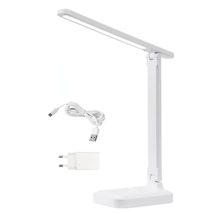 Led настолна лампа, SIBINTA, Сгъваема, Въртяща се на 180°, 3 режима на осветяване, 10 нива на интензитет, Памет, Защита на очите, USB захранване и сензорно управление, 16 светодиода 1300lm, Лесна за използване, ABS/PU, Бяла