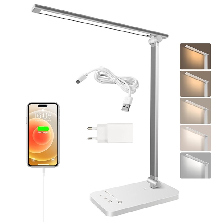Lampa pentru birou cu LED, SINBINTA, 350 lm, Rotativ 180°, Lumina intensitati reglabila, Rece/calda, Temporizator de oprire automata, Usor de utilizat, Memorie, Protectie ochi, Sursa de alimentare USB si control tactil, ABS, Alb