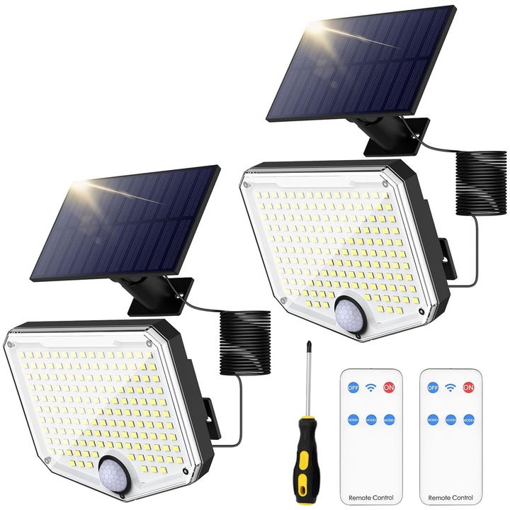 Соларна LED лампа с дистанционно управление, SINBINTA, 2 бр., Регулируема, 156 светодиода, Сензор за движение и светлина, Кабел 5 м, Включена батерия 1500 mAh, Дължина на кабела 5 метра, Лесен за използване, Водоустойчивост IP65, ABS, Черен