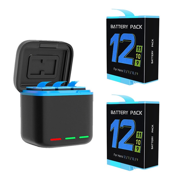 Háromszoros töltőkészlet, SINBINTA, 2 GoPro Hero 12 / 11 / 10 / 9 és Type-C kábellel kompatibilis akkumulátorral, Li-ion, 2000 mAh, 5V, 3A, Gyors töltés, LED jelző, Újrafelhasználható, Hordozható, ABS, 5.2 x6x5,8 cm, fekete