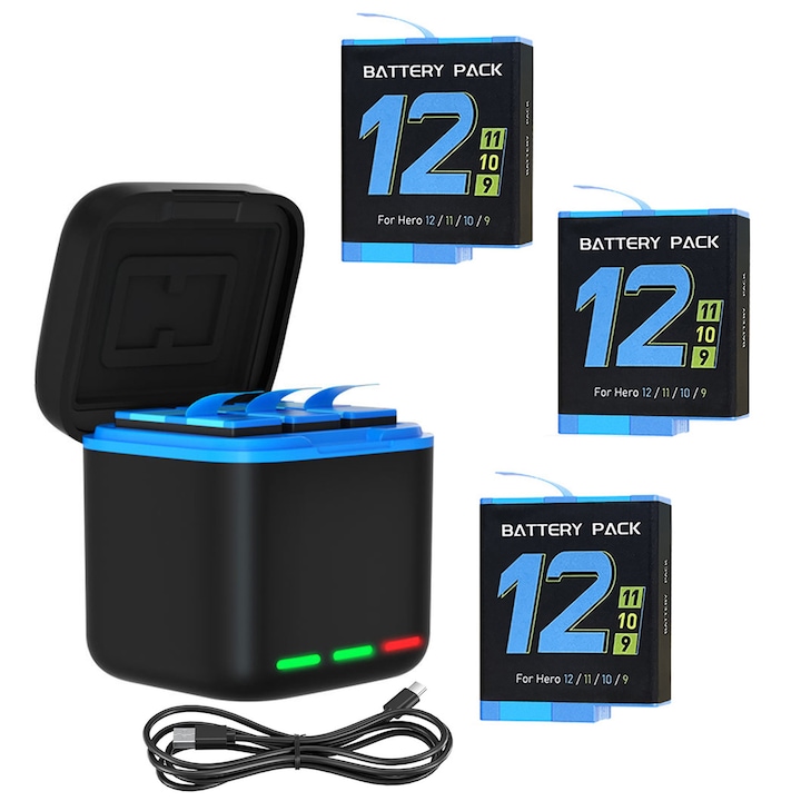 Set incarcator triplu, SINBINTA, Cu 3 baterii compatibile GoPro Hero 12 / 11 / 10 / 9 si cablu Type-C, Li-ion, 2000 mAh, 5V, 3A, Incarcare fast charge, Indicator LED, Reutilizabile, Portabil, ABS, 5.2x6x5.8cm, Negru/Albastru deschis